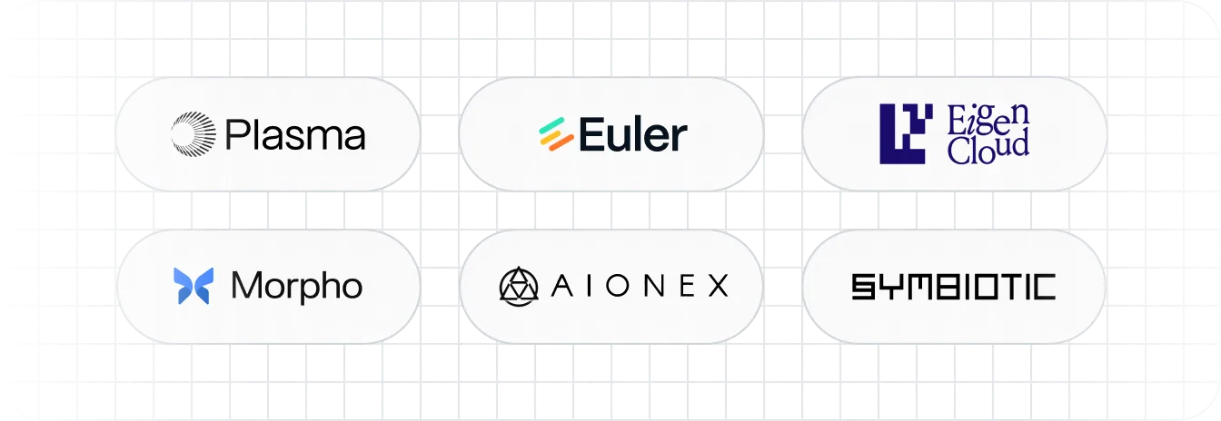 Logos of six companies arranged in three columns: Plasma, Euler, Morpho, Aionex, Eigen Cloud, and Symbiotic. All trusting customers of Clarion.