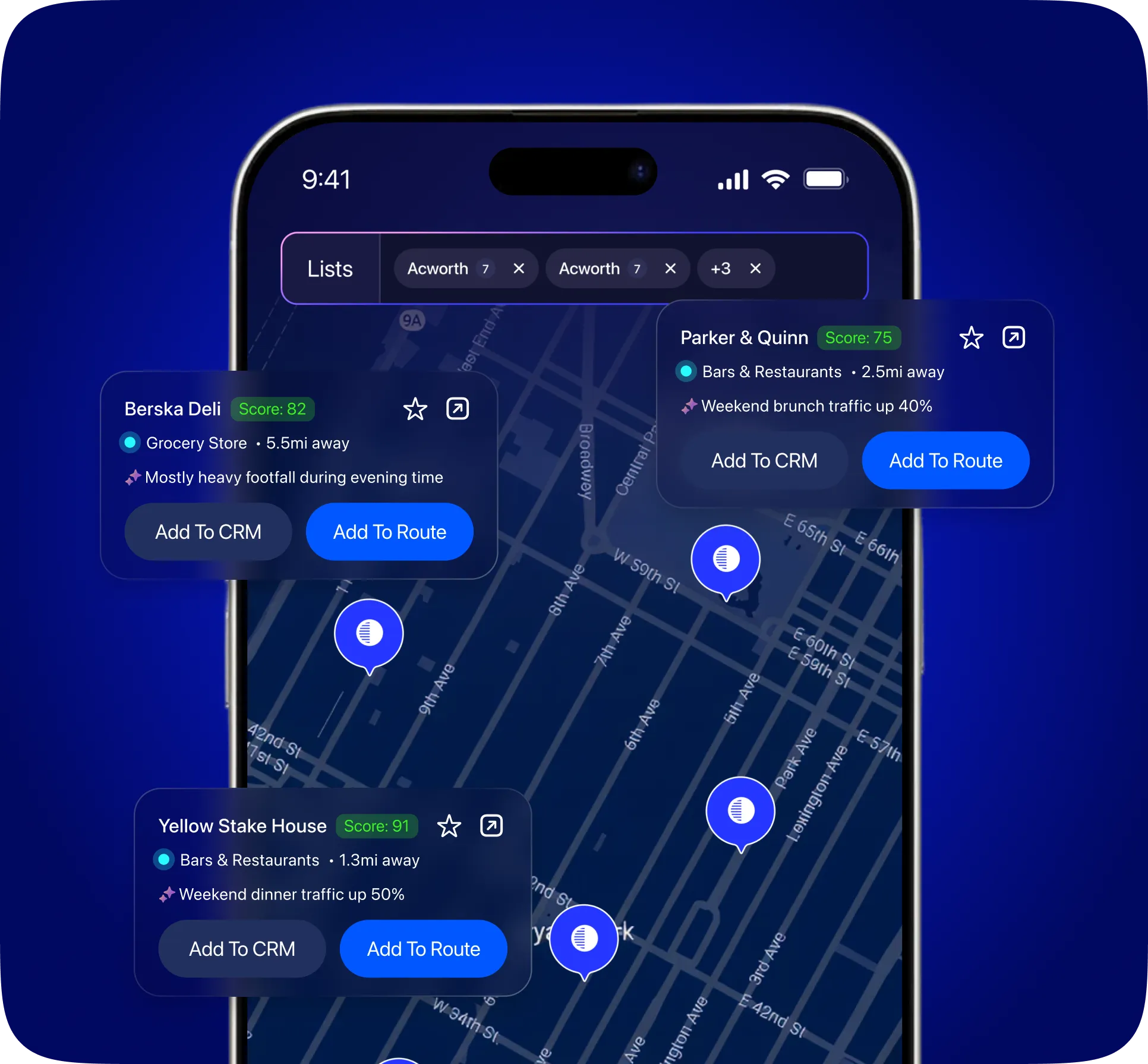 Smartphone screen showing a map with locations marked and details about Parker & Quinn, a bars and restaurants place 2.5 miles away with a traffic increase of 40%, and options to add to CRM or route.