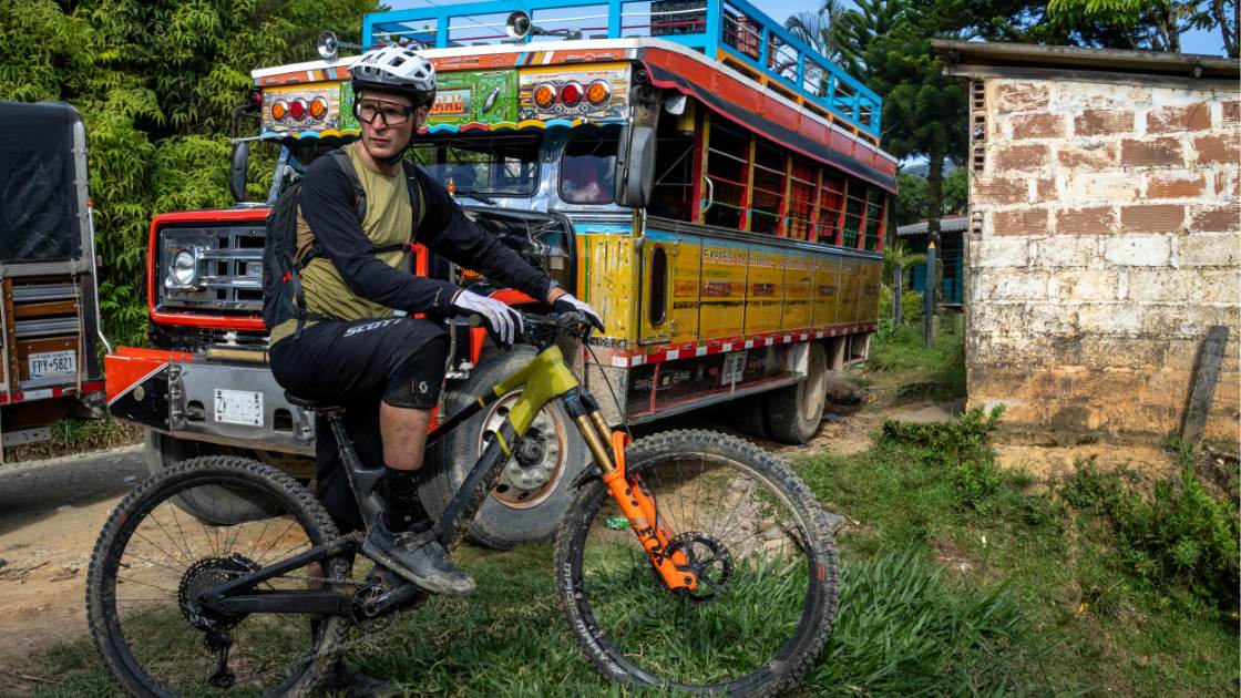 Scotty Laughlands looking for colors while mountain biking in Colombia for Shimano Bikes.