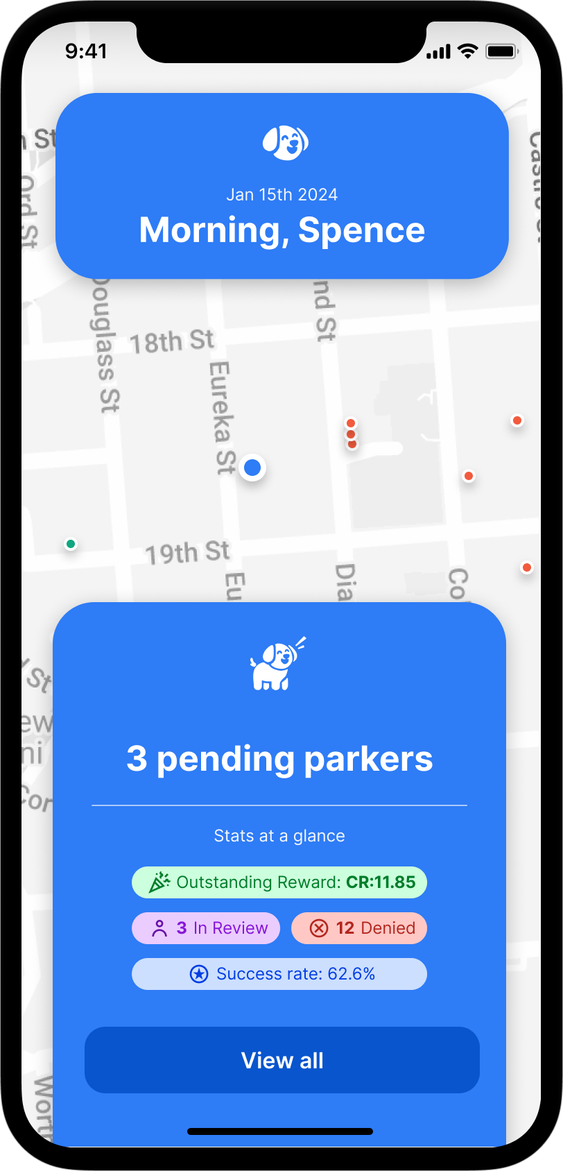 A view screen showing the users stats including outstanding rewards, how many are in review and how many have been denied. There is a button to view all and go to a list view of submissions