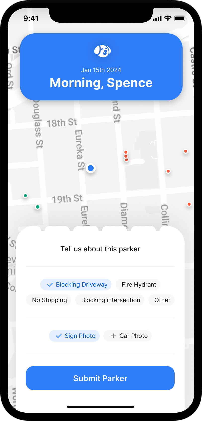 The parker app home page with an interface to add details to the submission. Showing blocking driveways selected and the photo submissions.