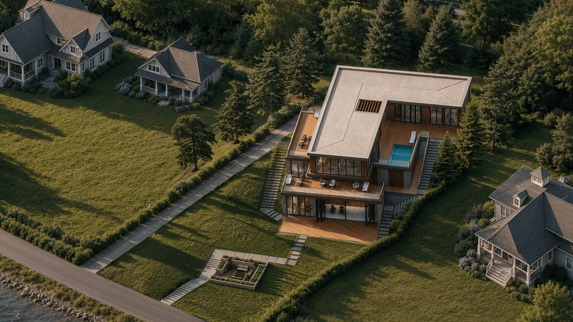 Custom steel-framed home exterior at dusk