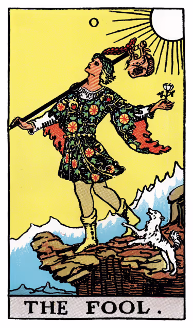 The Fool Tarot Card - Major Arcana in yes-no reading, depicting a joyful wanderer at the cliff's edge, symbolizing positive new beginnings and a 'yes' answer in tarot.