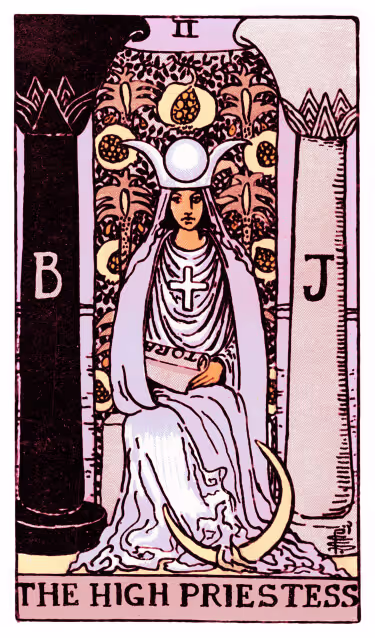 The High Priestess Tarot Card - Major Arcana in daily guidance, depicting a veiled mystic between pillars symbolizing intuition and hidden wisdom in tarot reading.