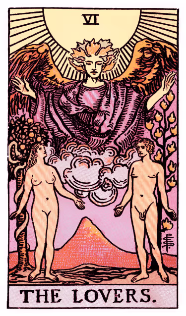 The Lovers Tarot Card - Major Arcana in daily guidance, depicting two harmonious figures beneath an angel symbolizing choice and divine connection in tarot reading.