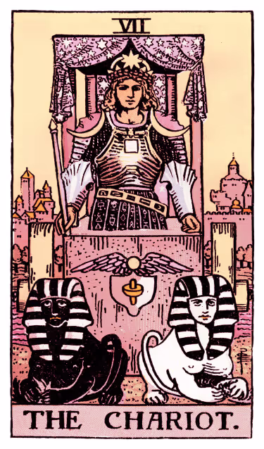 The Chariot Tarot Card - Major Arcana in daily guidance, depicting a crowned warrior in celestial chariot symbolizing willpower and determined progress in tarot reading.
