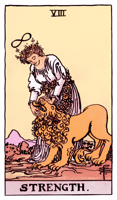 Strength Tarot Card - Major Arcana in daily guidance, depicting a gentle figure with lion symbolizing inner power and compassionate courage in tarot reading.