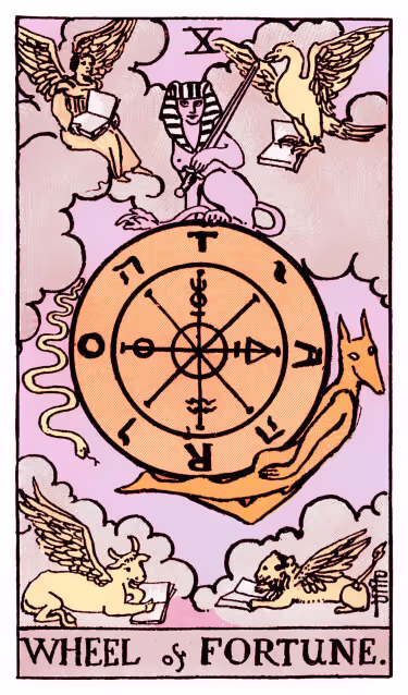 Wheel of Fortune Tarot Card - Major Arcana in daily guidance, depicting a cosmic wheel with mystical symbols symbolizing destiny and cyclical change in tarot reading.