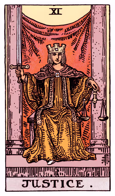 Justice Tarot Card - Major Arcana in daily guidance, depicting a robed figure with scales and sword symbolizing balance and truth in tarot reading.