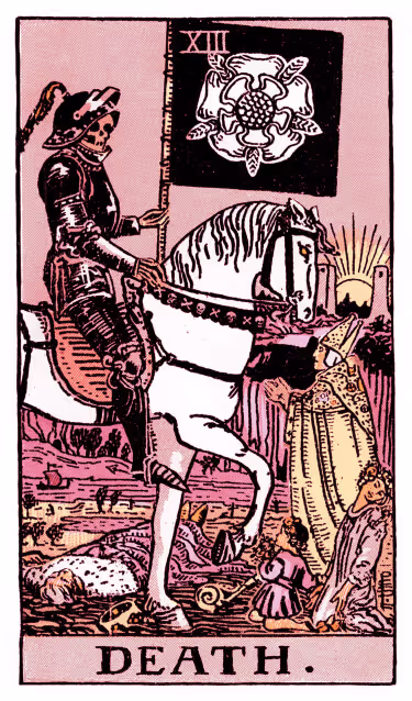 Death Tarot Card - Major Arcana in daily guidance, depicting a skeletal figure of transformation symbolizing profound change and renewal in tarot reading.