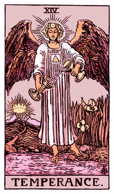 Temperance Tarot Card - Major Arcana in daily guidance, depicting an angelic figure blending elements symbolizing harmony and divine balance in tarot reading.