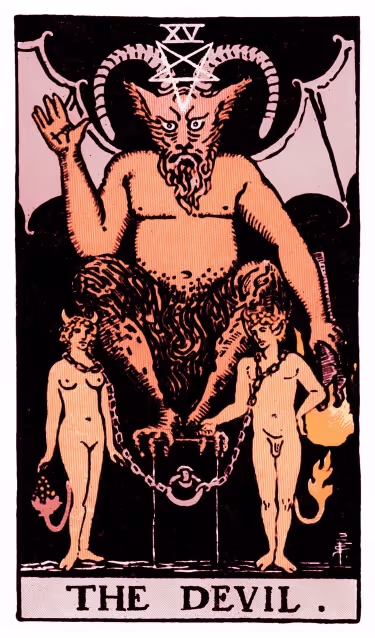The Devil Tarot Card - Major Arcana in daily guidance, depicting a horned figure with bound souls symbolizing liberation from self-imposed limitations in tarot reading.