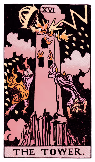The Tower Tarot Card - Major Arcana in daily guidance, depicting a lightning-struck tower with falling figures symbolizing sudden transformation and breakthrough in tarot reading.