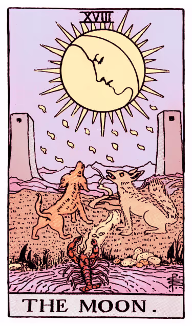 The Moon Tarot Card - Major Arcana in daily guidance, depicting a luminous moon with nocturnal creatures symbolizing intuition and subconscious wisdom in tarot reading.