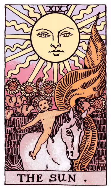 The Sun Tarot Card - Major Arcana in daily guidance, depicting a radiant sun with joyful child symbolizing vitality and enlightened success in tarot reading.