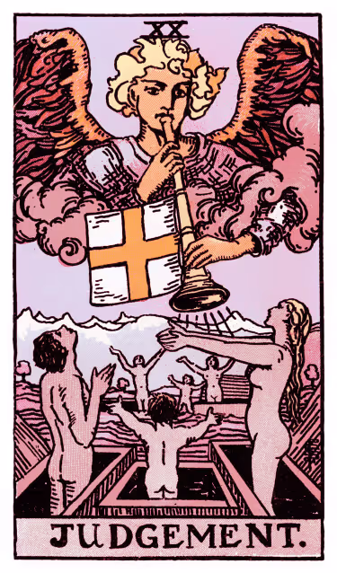 Judgement Tarot Card - Major Arcana in daily guidance, depicting an angel with trumpet awakening figures symbolizing spiritual rebirth and awakening in tarot reading.