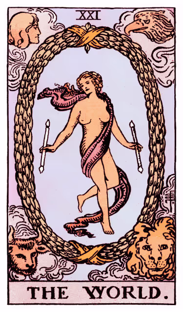The World Tarot Card - Major Arcana in daily guidance, depicting a dancing figure within a wreath symbolizing completion and universal harmony in tarot reading.