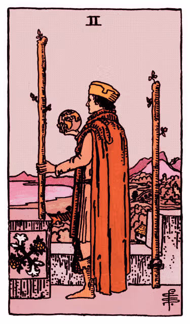 Two of Wands Tarot Card - Minor Arcana in daily guidance, depicting a figure contemplating world globe symbolizing future planning and decision-making in tarot reading.