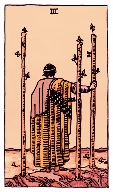 Three of Wands Tarot Card - Minor Arcana in daily guidance, depicting a figure overlooking distant horizons symbolizing expansion and future opportunities in tarot reading.