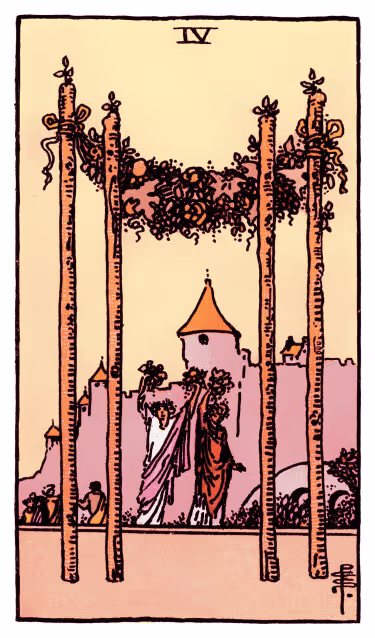 Four of Wands Tarot Card - Minor Arcana in daily guidance, depicting decorated wands forming gateway symbolizing celebration and harmonious achievement in tarot reading.