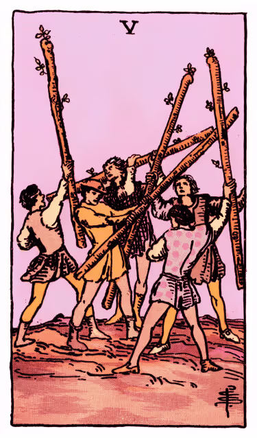 Five of Wands Tarot Card - Minor Arcana in daily guidance, depicting figures with raised wands symbolizing competition and constructive conflict in tarot reading.