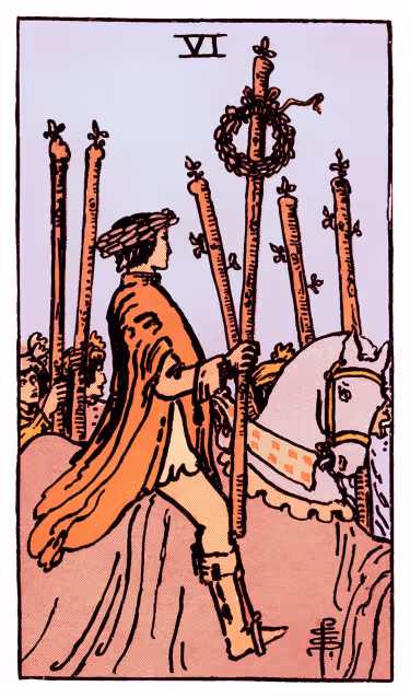 Six of Wands Tarot Card - Minor Arcana in daily guidance, depicting victorious rider with raised wand symbolizing triumph and public recognition in tarot reading.