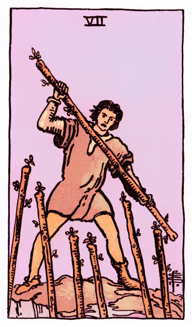 Seven of Wands Tarot Card - Minor Arcana in daily guidance, depicting figure defending high ground with wand symbolizing courage and perseverance in tarot reading.