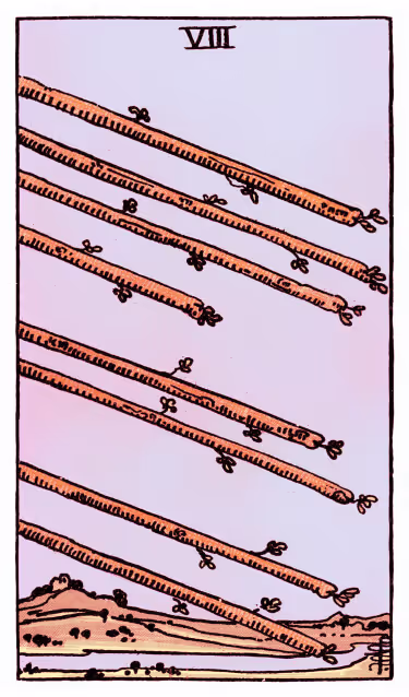 Eight of Wands Tarot Card - Minor Arcana in daily guidance, depicting eight flying wands symbolizing swift action and dynamic progress in tarot reading.