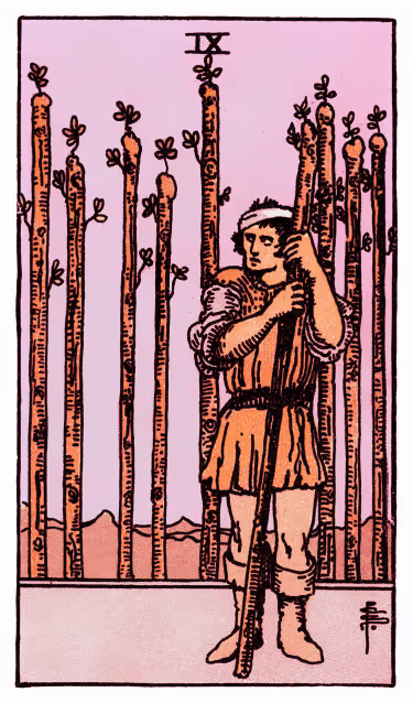 Nine of Wands Tarot Card - Minor Arcana in daily guidance, depicting wounded warrior with defensive wands symbolizing resilience and final perseverance in tarot reading.