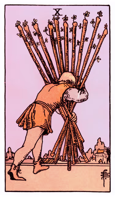 Ten of Wands Tarot Card - Minor Arcana in daily guidance, depicting figure carrying heavy burden of wands symbolizing overwhelming responsibilities and necessary release in tarot reading.