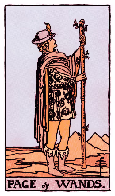 Page of Wands Tarot Card - Minor Arcana in daily guidance, depicting youthful figure with flourishing wand symbolizing creative beginnings and enthusiastic exploration in tarot reading.