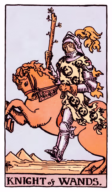 Knight of Wands Tarot Card - Minor Arcana in daily guidance, depicting mounted knight with raised wand symbolizing dynamic action and passionate pursuit in tarot reading.