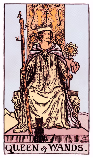 Queen of Wands Tarot Card - Minor Arcana in daily guidance, depicting confident queen with sunflower and wand symbolizing charismatic leadership and creative empowerment in tarot reading.
