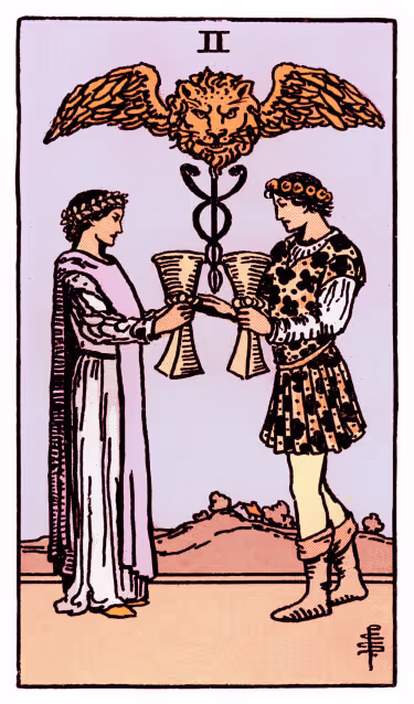 Two of Cups Tarot Card - Minor Arcana in daily guidance, depicting two figures sharing chalices symbolizing partnership and harmonious connection in tarot reading.