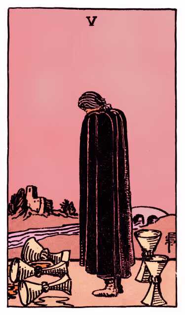 Five of Cups Tarot Card - Minor Arcana in daily guidance, depicting cloaked figure with spilled chalices symbolizing emotional loss and hidden blessings in tarot reading.