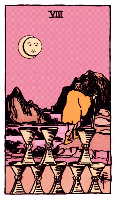 Eight of Cups Tarot Card - Minor Arcana in daily guidance, depicting figure departing from stacked chalices symbolizing emotional transition and spiritual quest in tarot reading.