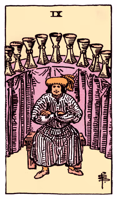 Nine of Cups Tarot Card - Minor Arcana in daily guidance, depicting satisfied figure with curved display of cups symbolizing emotional fulfillment and wish manifestation in tarot reading.