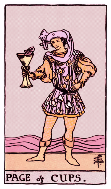 Page of Cups Tarot Card - Minor Arcana in daily guidance, depicting youthful figure with mystical fish in chalice symbolizing emotional awakening and creative intuition in tarot reading.