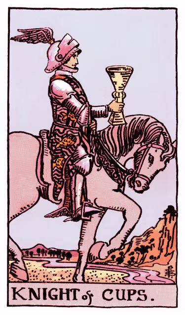 Knight of Cups Tarot Card - Minor Arcana in daily guidance, depicting romantic knight with offered chalice symbolizing emotional pursuit and creative passion in tarot reading.
