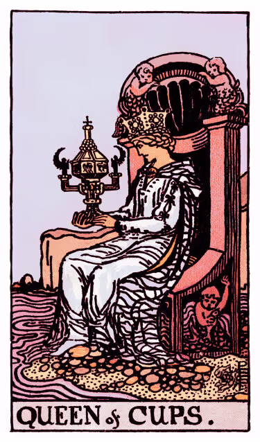 Queen of Cups Tarot Card - Minor Arcana in daily guidance, depicting serene queen with ornate chalice symbolizing emotional wisdom and intuitive nurturing in tarot reading.
