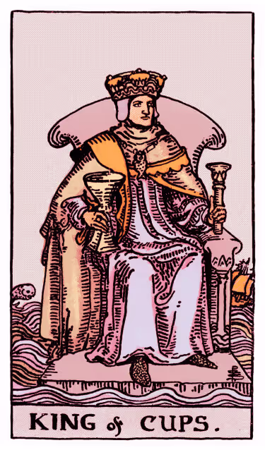 King of Cups Tarot Card - Minor Arcana in daily guidance, depicting composed king with decorated chalice symbolizing emotional mastery and balanced leadership in tarot reading.