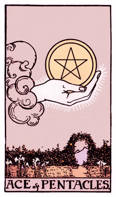 Ace of Pentacles Tarot Card - Minor Arcana in daily guidance, depicting a golden coin in divine hand symbolizing material opportunity and new prosperity in tarot reading.