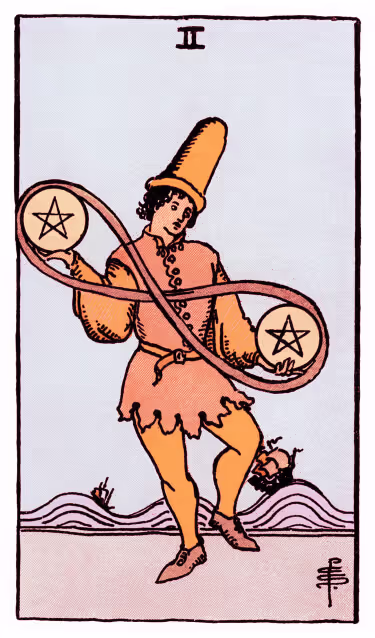 Two of Pentacles Tarot Card - Minor Arcana in daily guidance, depicting a figure juggling coins symbolizing balance and adaptability in tarot reading.