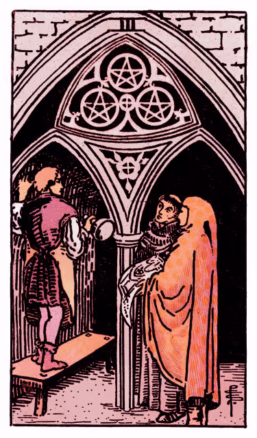 Three of Pentacles Tarot Card - Minor Arcana in daily guidance, depicting craftsmen collaborating on cathedral symbolizing skilled teamwork and recognition in tarot reading.