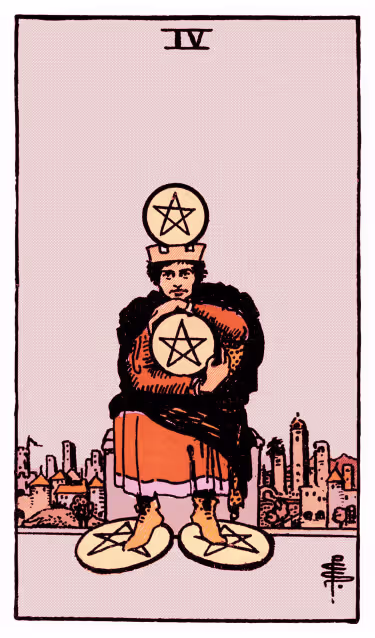 Four of Pentacles Tarot Card - Minor Arcana in daily guidance, depicting figure clutching coins symbolizing security and resource protection in tarot reading.