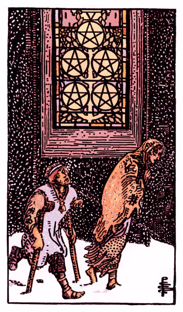 Five of Pentacles Tarot Card - Minor Arcana in daily guidance, depicting figures in hardship passing stained glass window symbolizing challenge and overlooked support in tarot reading.