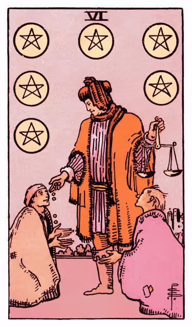 Six of Pentacles Tarot Card - Minor Arcana in daily guidance, depicting merchant with scales distributing coins symbolizing balanced generosity and fair exchange in tarot reading.
