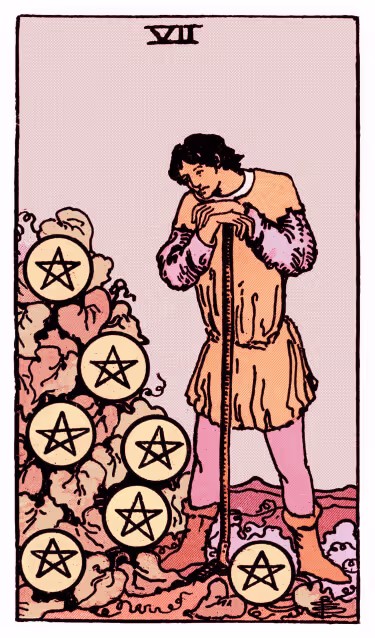 Seven of Pentacles Tarot Card - Minor Arcana in daily guidance, depicting gardener observing growing vines symbolizing patience and harvest evaluation in tarot reading.