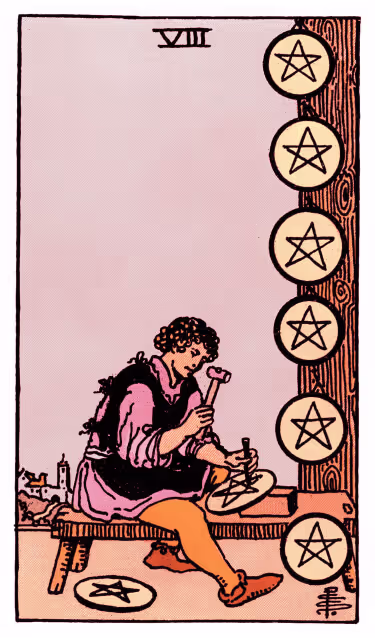 Eight of Pentacles Tarot Card - Minor Arcana in daily guidance, depicting craftsman diligently working symbolizing skill mastery and focused dedication in tarot reading.