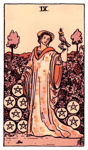 Nine of Pentacles Tarot Card - Minor Arcana in daily guidance, depicting elegant figure in garden with falcon symbolizing refined abundance and self-reliance in tarot reading.